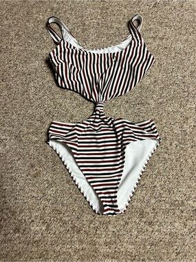 Abercrombie & Fitch Navy, White & Burgundy Striped One-Piece Swimsuit, sz L